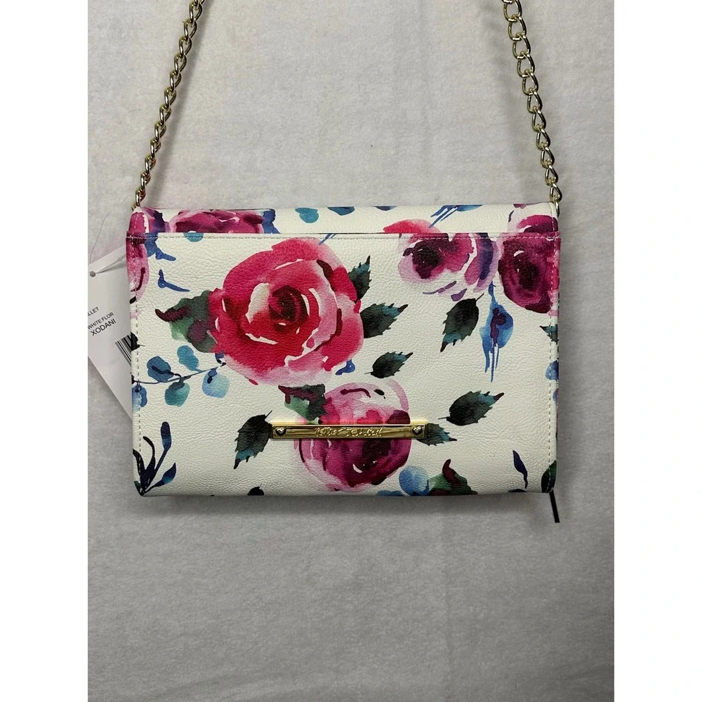 NWT‎ Betsey Johnson Wallet White Floral Print Chain Strap Bow Accent